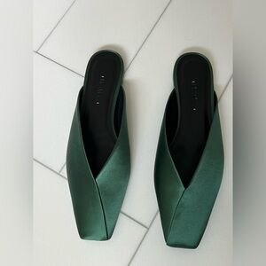 MaxMara Emerald green satin square-toed mules sz 10